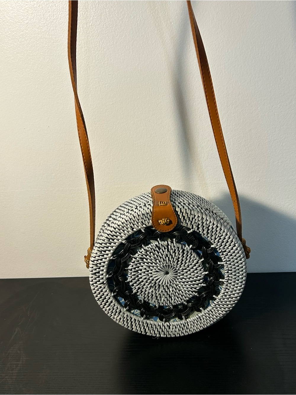 Round Handmade Bali Rattan Bag with Black Accent and Tan Strap